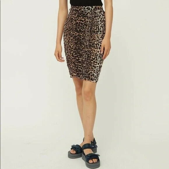 NEW NWT Ganni Leopard Shirred Skirt Animal Printed Mesh Short Stretch SZ US 2 34 - Picture 1 of 9